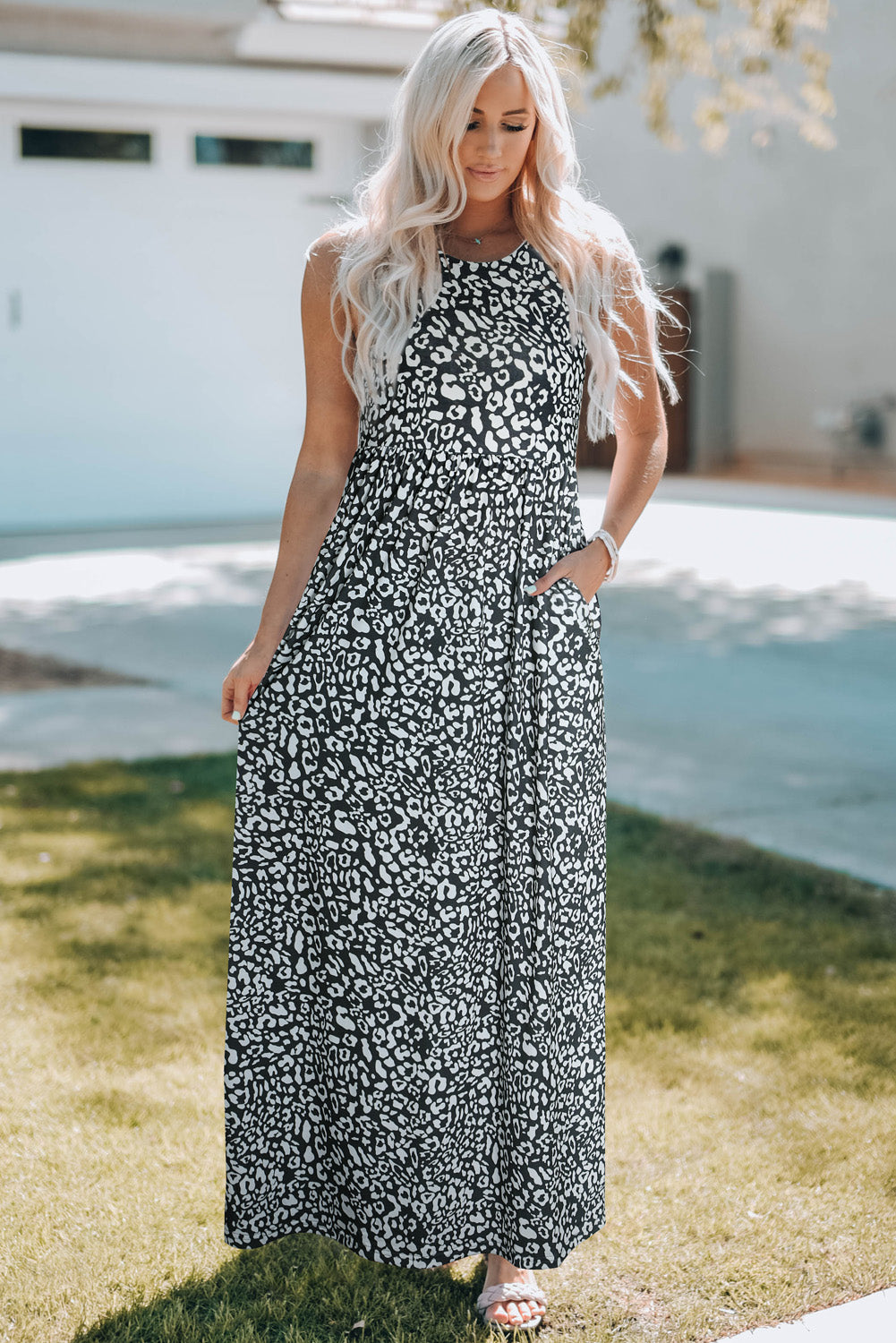 Leopard Print Pocketed Sleeveless Maxi Dress