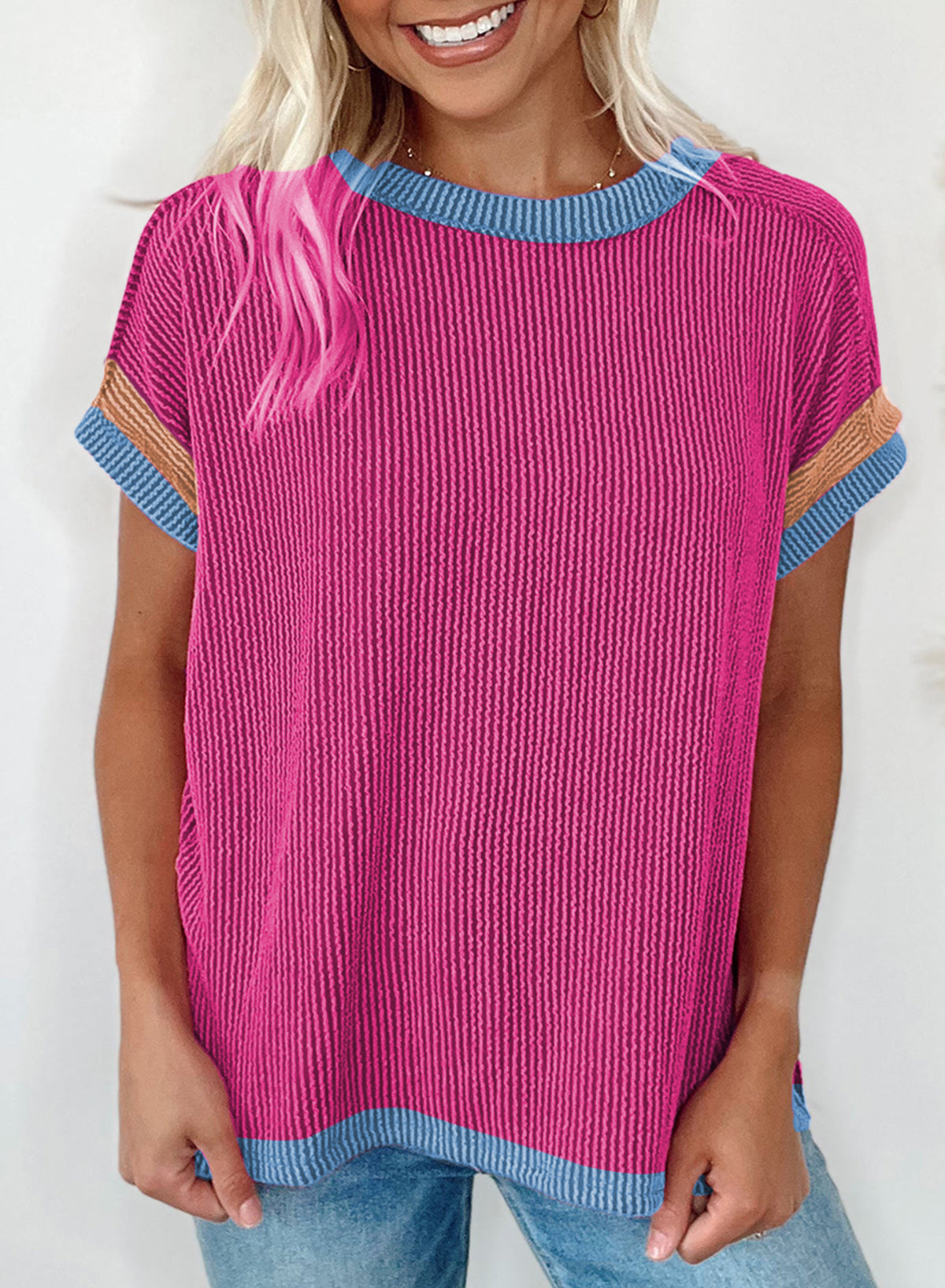 Knitted Crewneck Short-sleeved T-shirt with Contrasting Panels