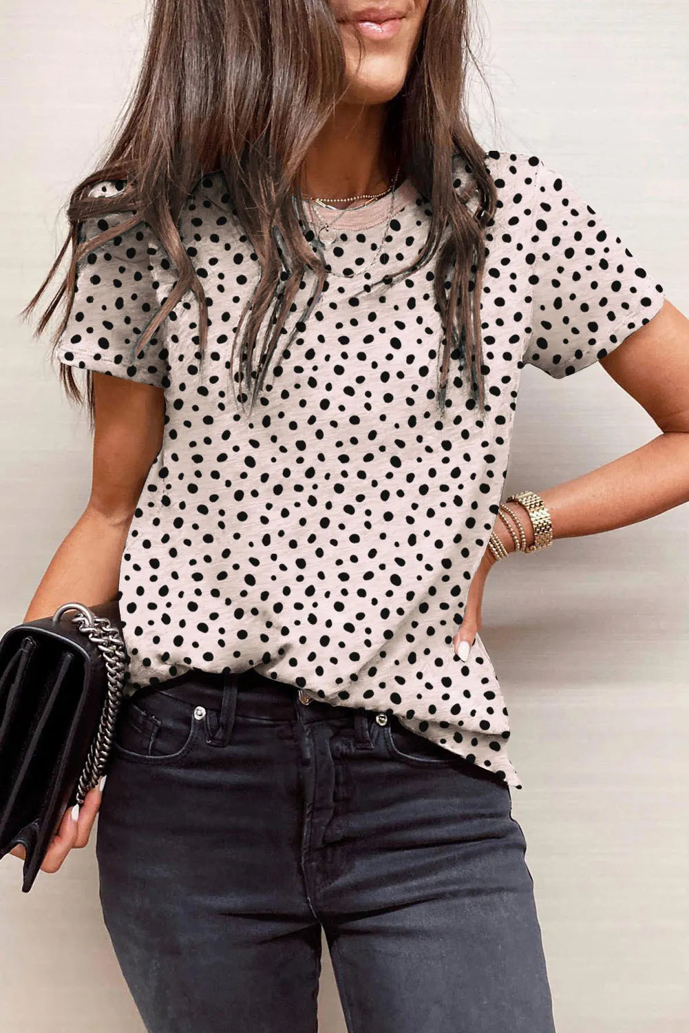 Spotted Print Round Neck Long Sleeve Top