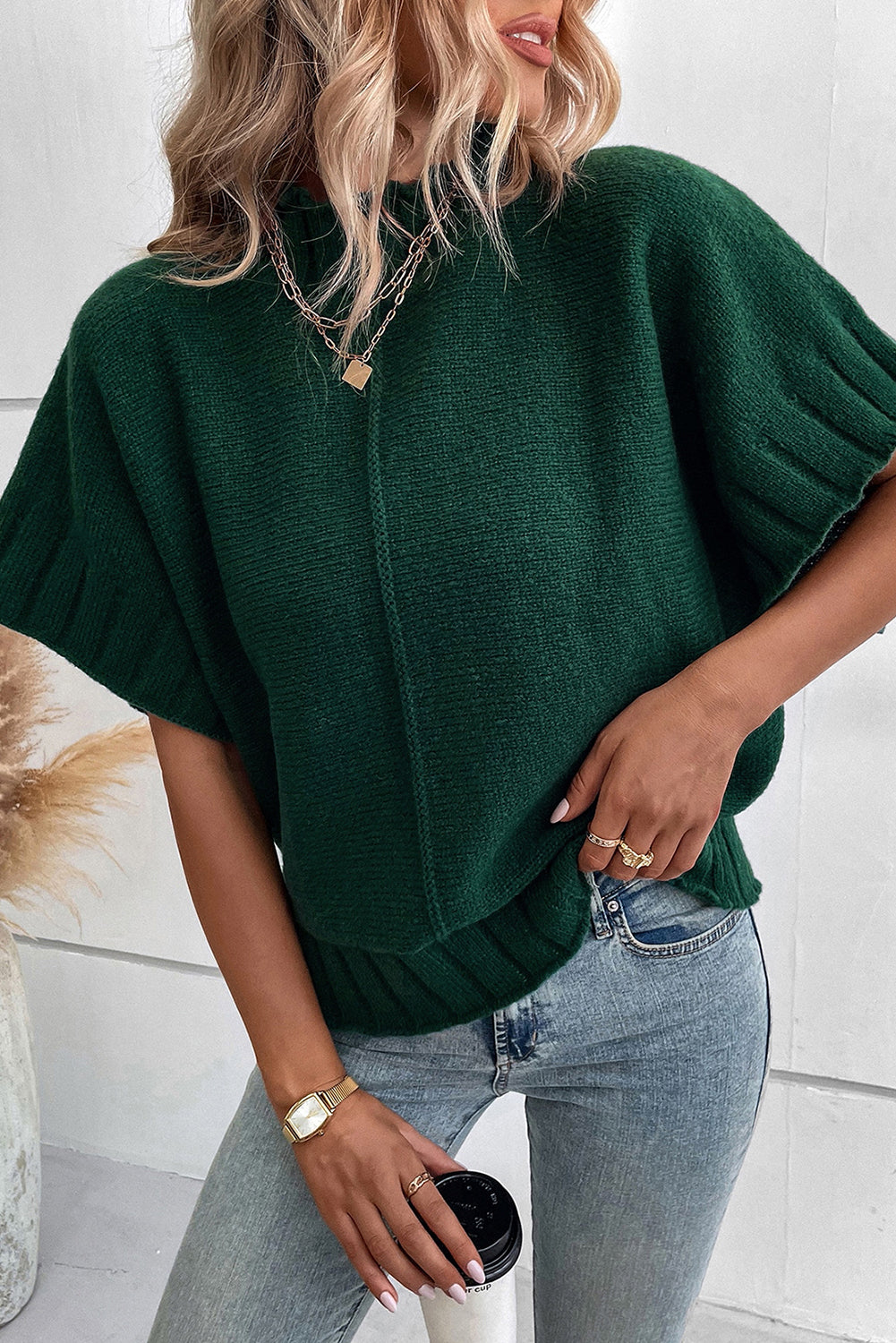 Mock Neck Batwing Short Sleeve Knit Sweater