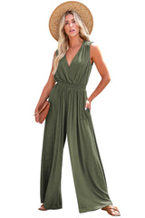 Women's Deep V Pleated Crisscross Wide Leg Backless Jumpsuit