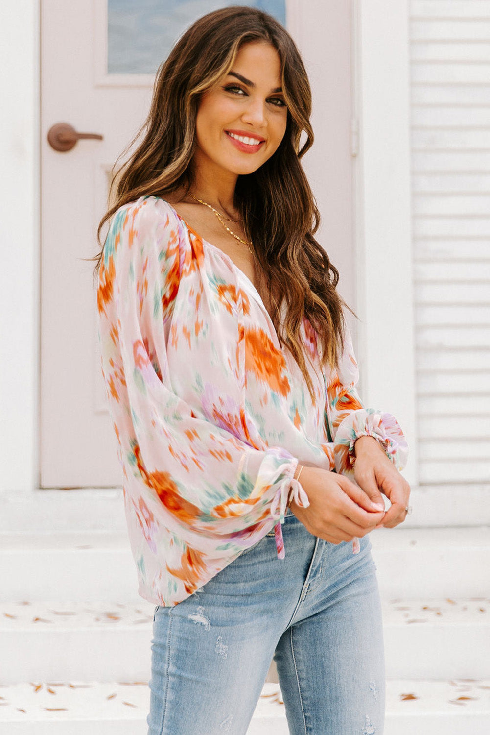 Multicolor Abstract Print Split Neck Puff Sleeve Blouse