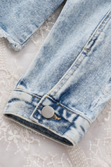 Sky Blue Lapel Distressed Raw Hem Buttons Denim Jacket