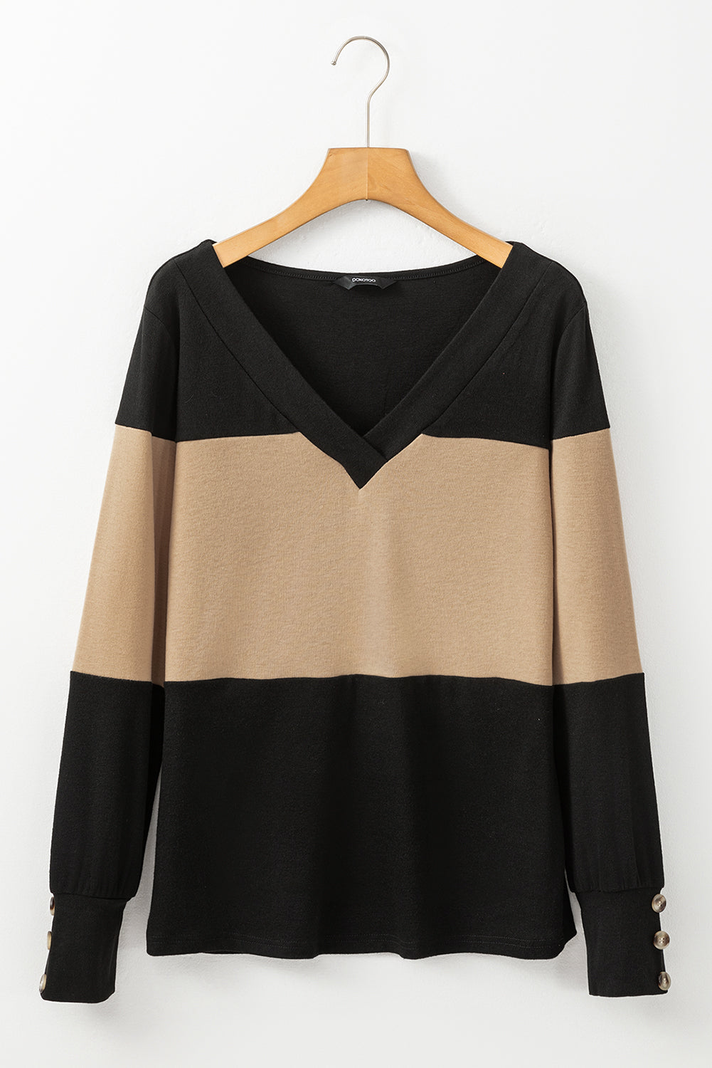 Stripe Colorblock Button Decor Long Sleeve V Neck Top