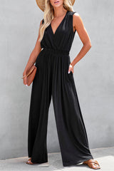 Women's Deep V Pleated Crisscross Wide Leg Backless Jumpsuit