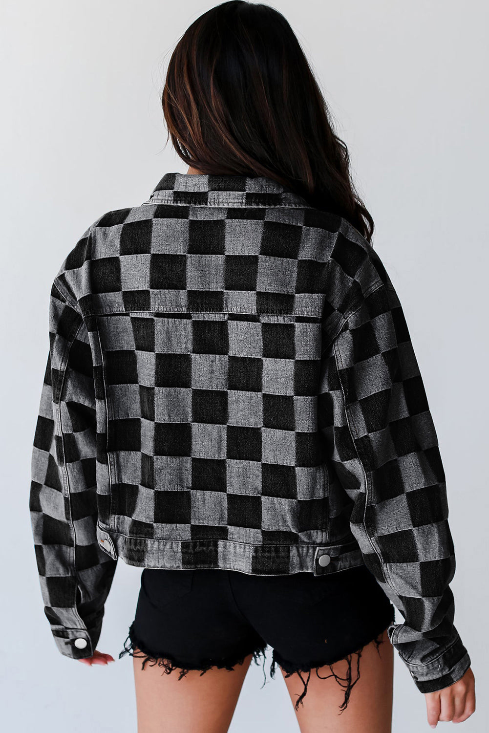 Women's Checkered Patchwork Button up Denim Jacket