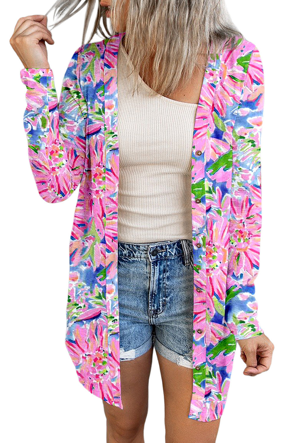 Pink Flower Print Long Sleeve Button Up Cardigan