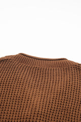 Khaki Pointelle Knit Button V Neck Drop Shoulder Sweater