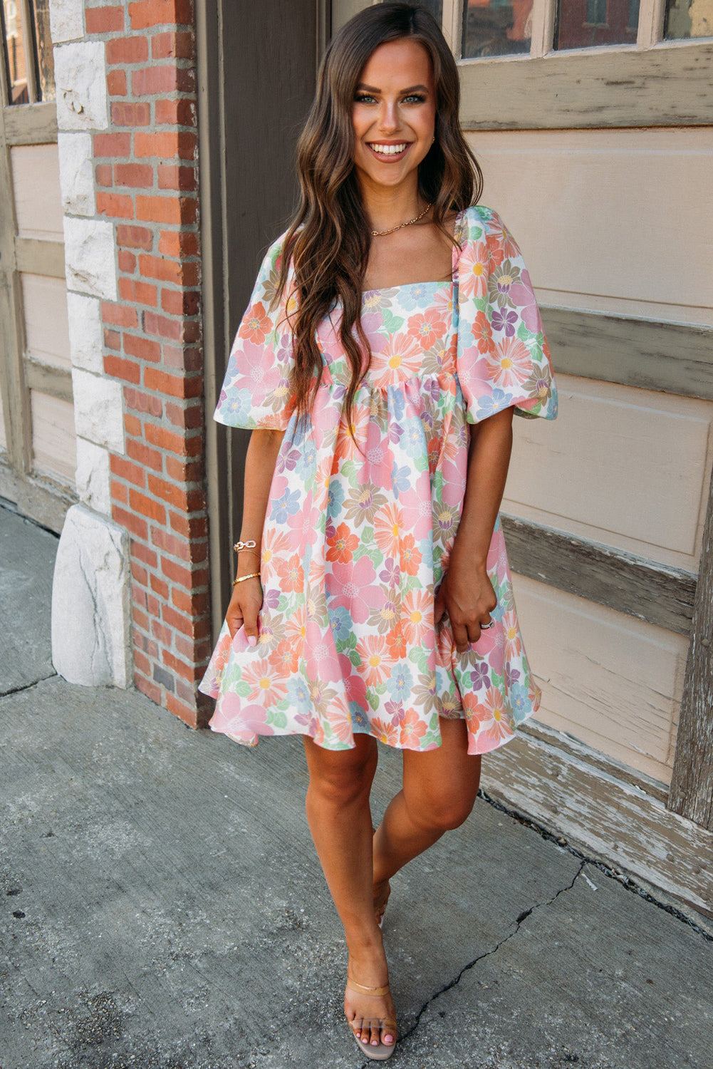 Women's Summer Floral Square Neck Puff Sleeve Babydoll Dress