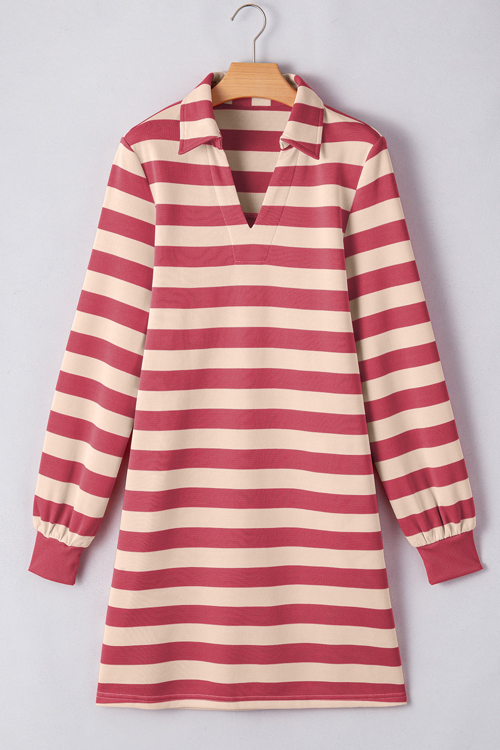 Pink Stripe Collared V Neck Long Sleeve Loose Casual Dress