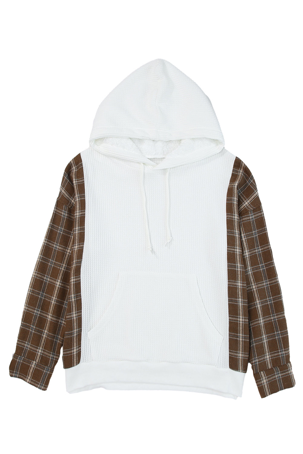 White Waffle Patch Plaid Sleeve Kangaroo Pocket Hoodie