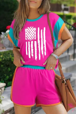 Rose Red Color Block USA Flag Print Loose Fit Two Piece Shorts Set