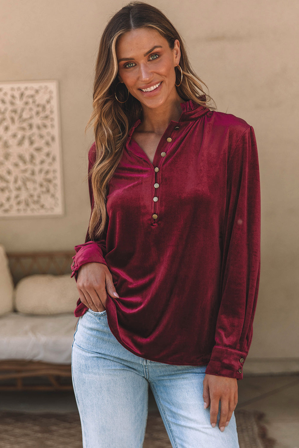 Biking Red Frilled Neck Buttoned Front Velvet Top