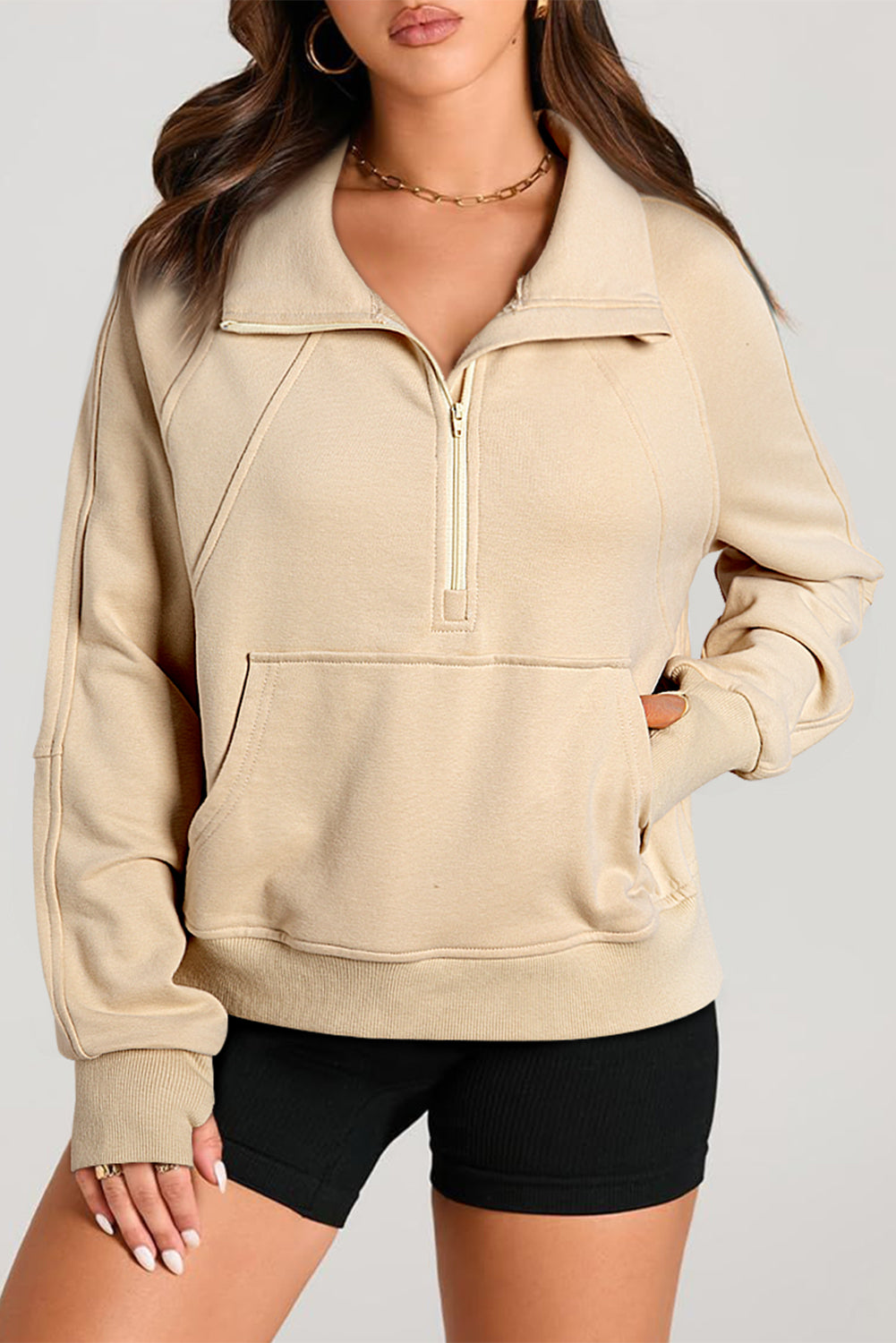 Solid Color Quarter Zip Stand Neck Kangaroo Pocket Sweatshirt