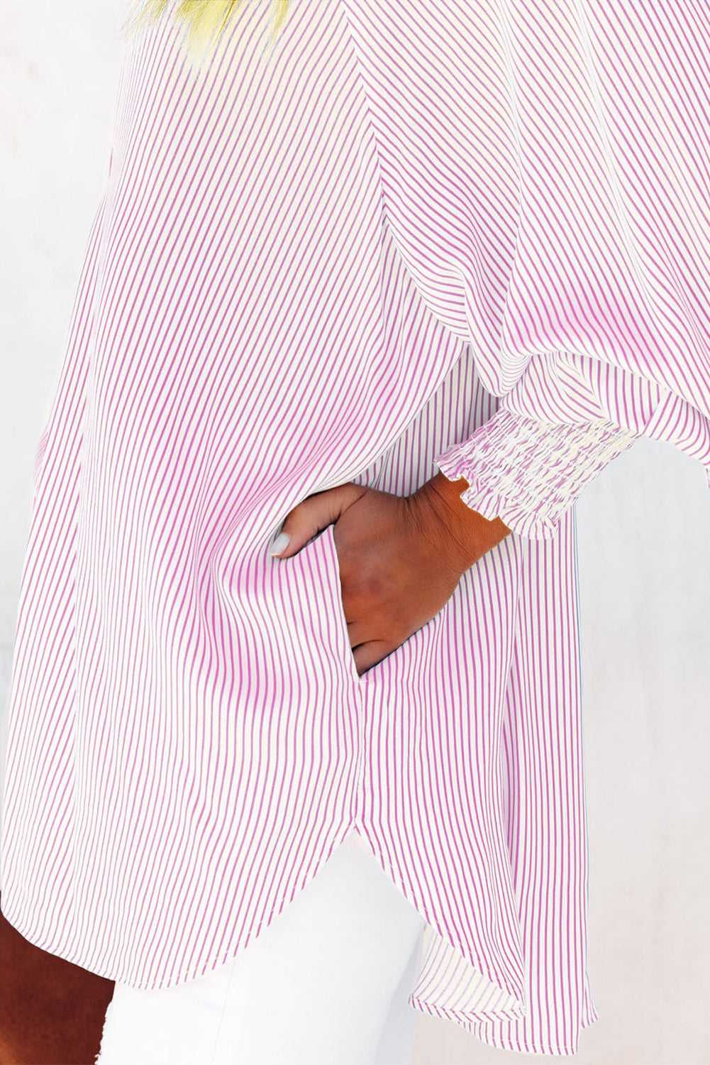 Pink Smocked Cuffed Striped Boyfriend Shirt with Pocket