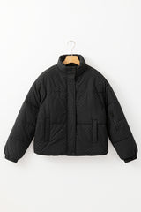 Black Checkerboard Full Zipper Puffer Jacket