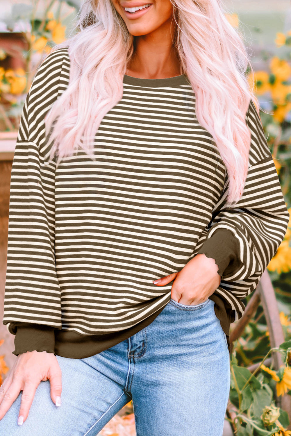 Solid Color Stripe Loose Drop Shoulder Long Sleeve Top