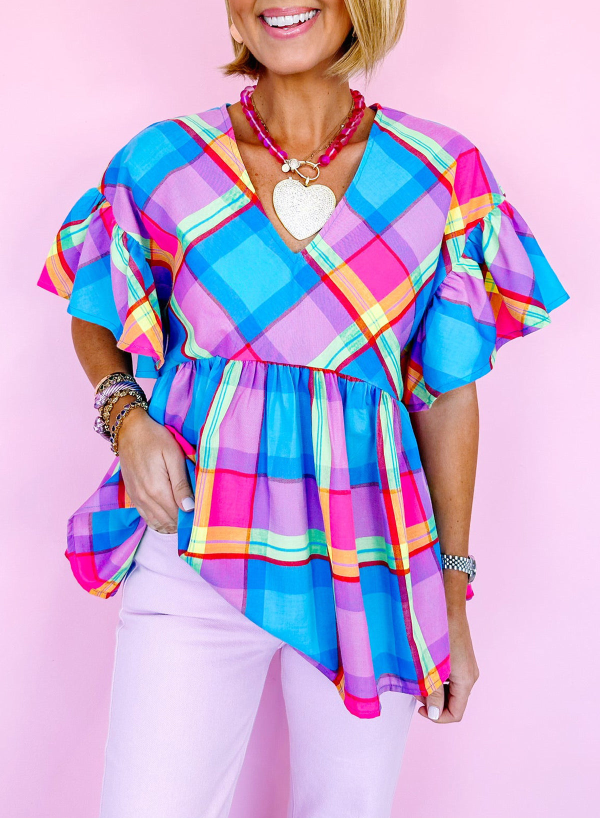 Colorful Plaid V Neck Ruffled Short Sleeve Babydoll Top