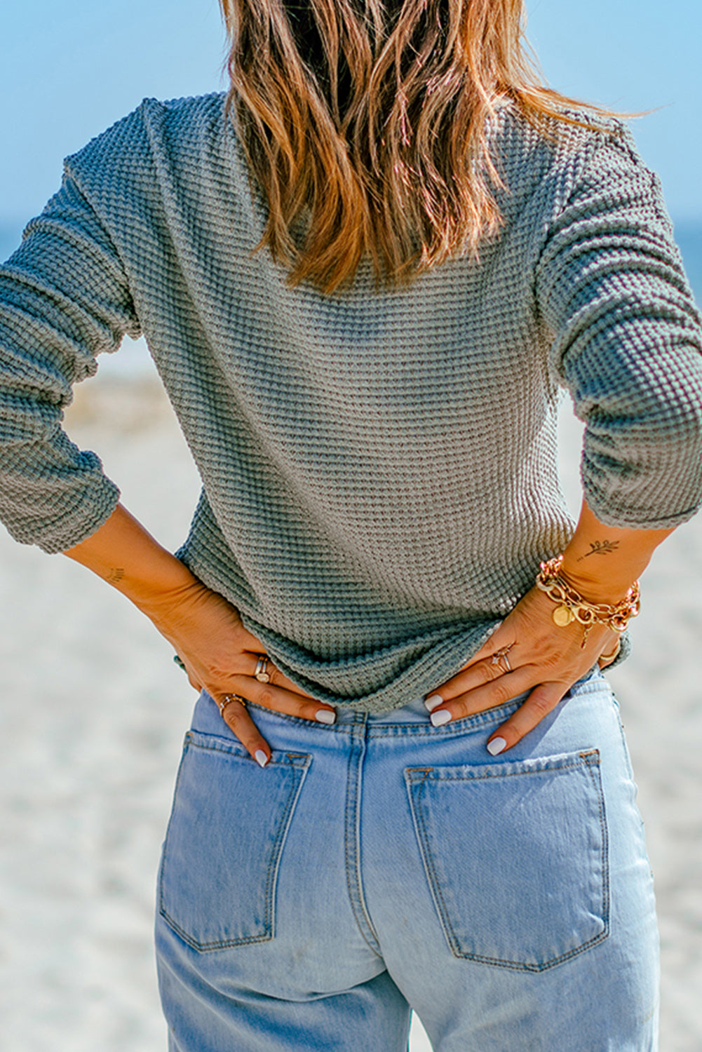 Black Waffle Knit Drop Shoulder Long Sleeve Top