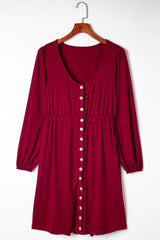 Red Button Up High Waist Long Sleeve Dress