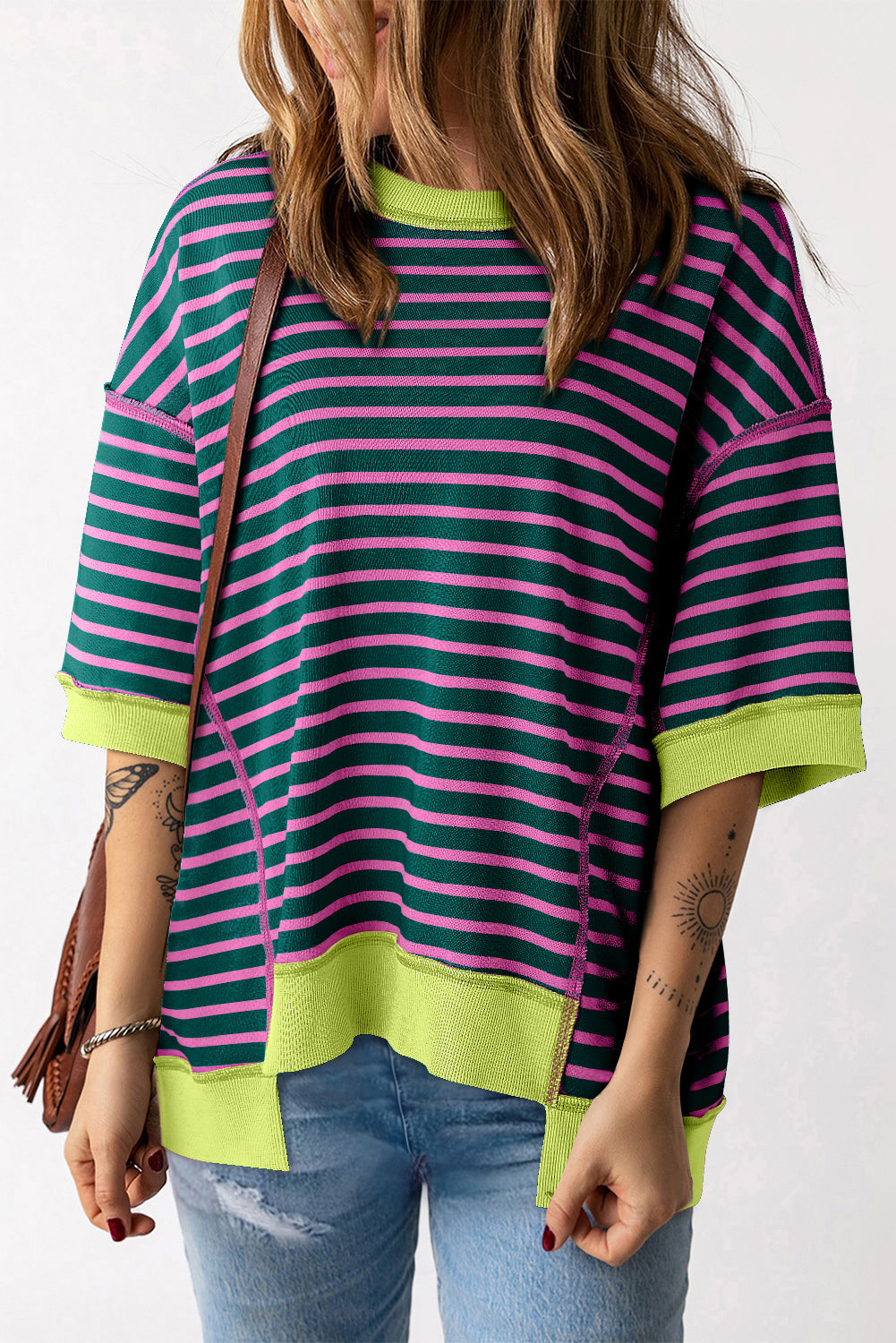 Sky Blue Stripe Oversized Contrast Trim Exposed Seam High Low T Shirt