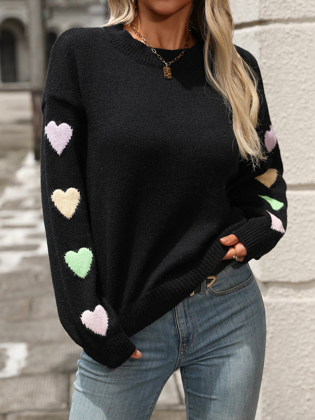 Love Splicing Solid Color Sweater Women's Knitted Sweater