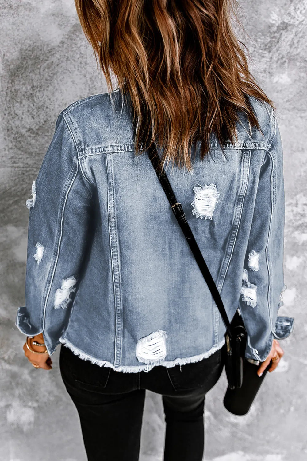 Lapel Distressed Raw Hem Buttons Denim Jacket