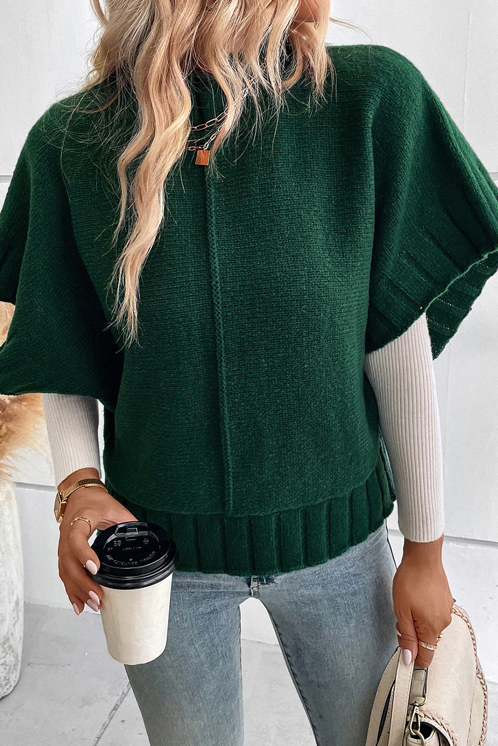 Mock Neck Batwing Short Sleeve Knit Sweater