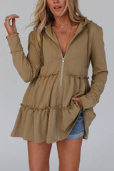 Khaki Tiered Ruffled Zip-Up Drawstring Hooded Jacket