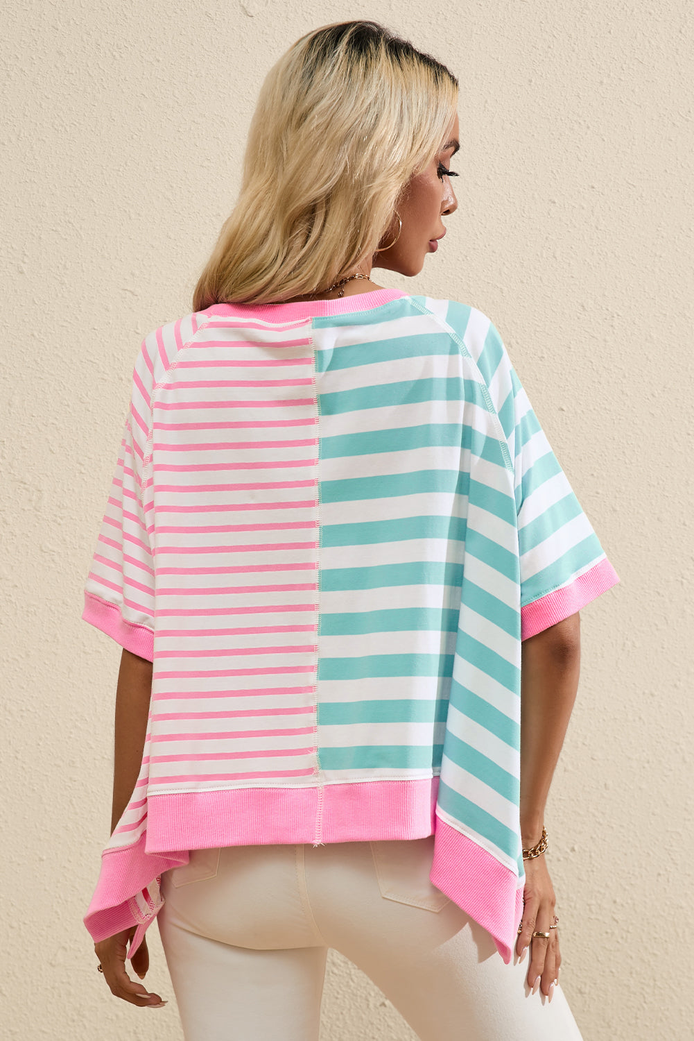 Stripe Contrast Patchwork Oversized T Shirt