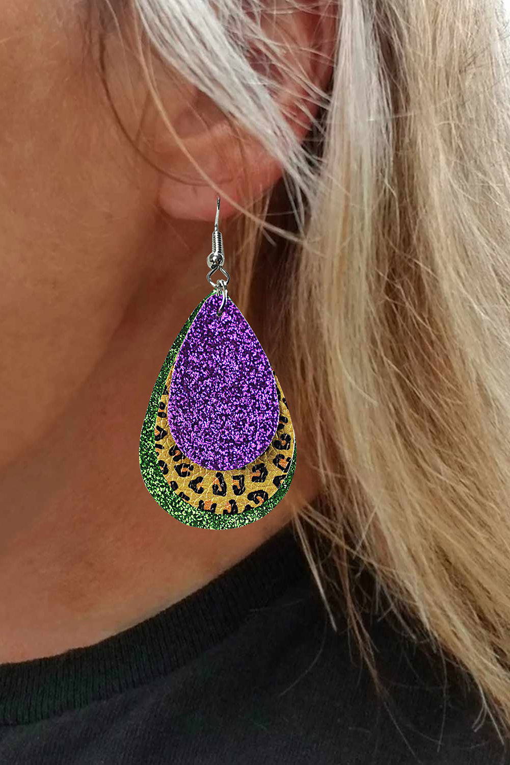 Multicolor Sequin Leopard Layered Mardi Gras Waterdrop Earrings