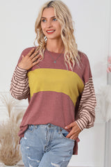 Red Colorblock Striped Bishop Sleeve Top