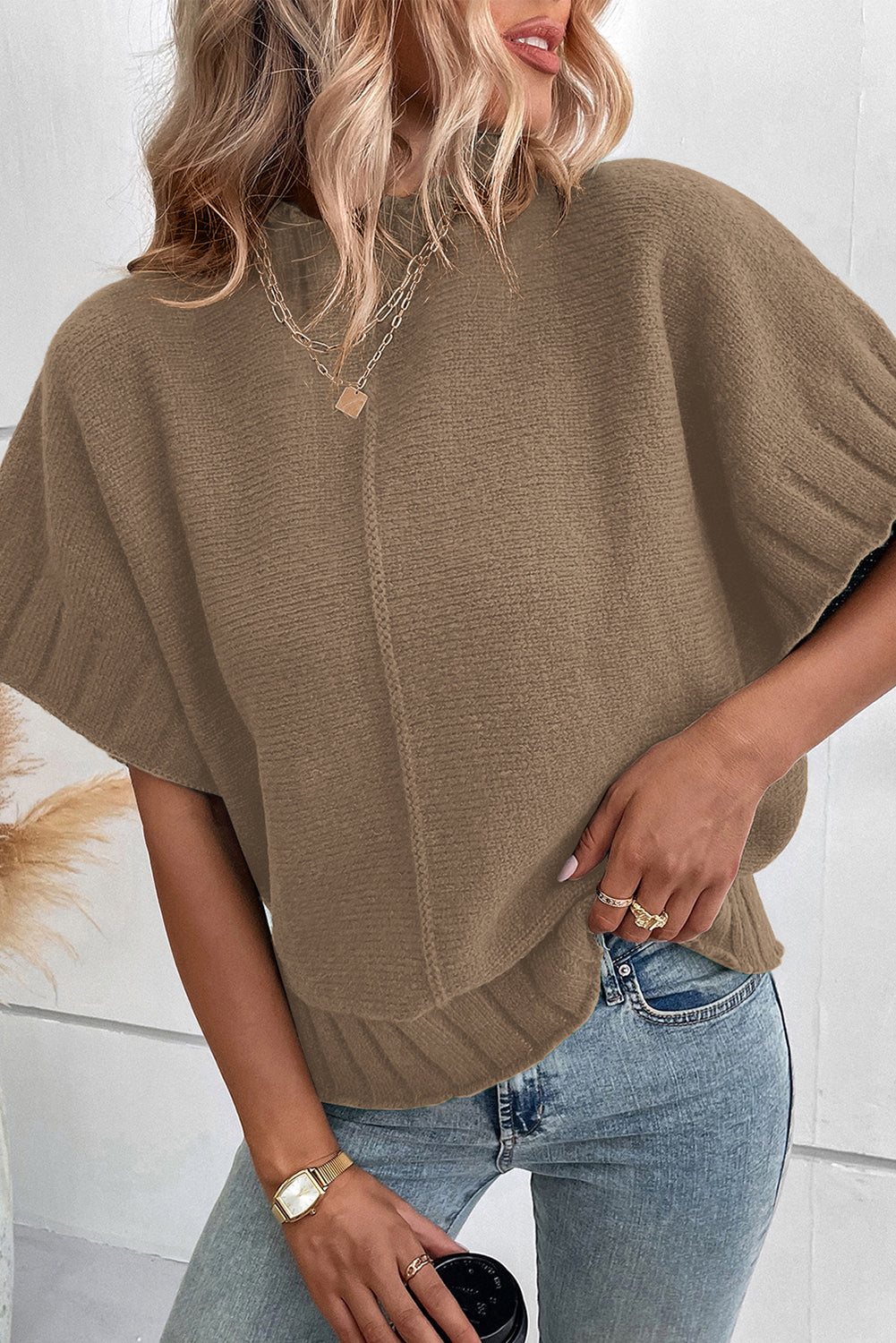 Mock Neck Batwing Short Sleeve Knit Sweater