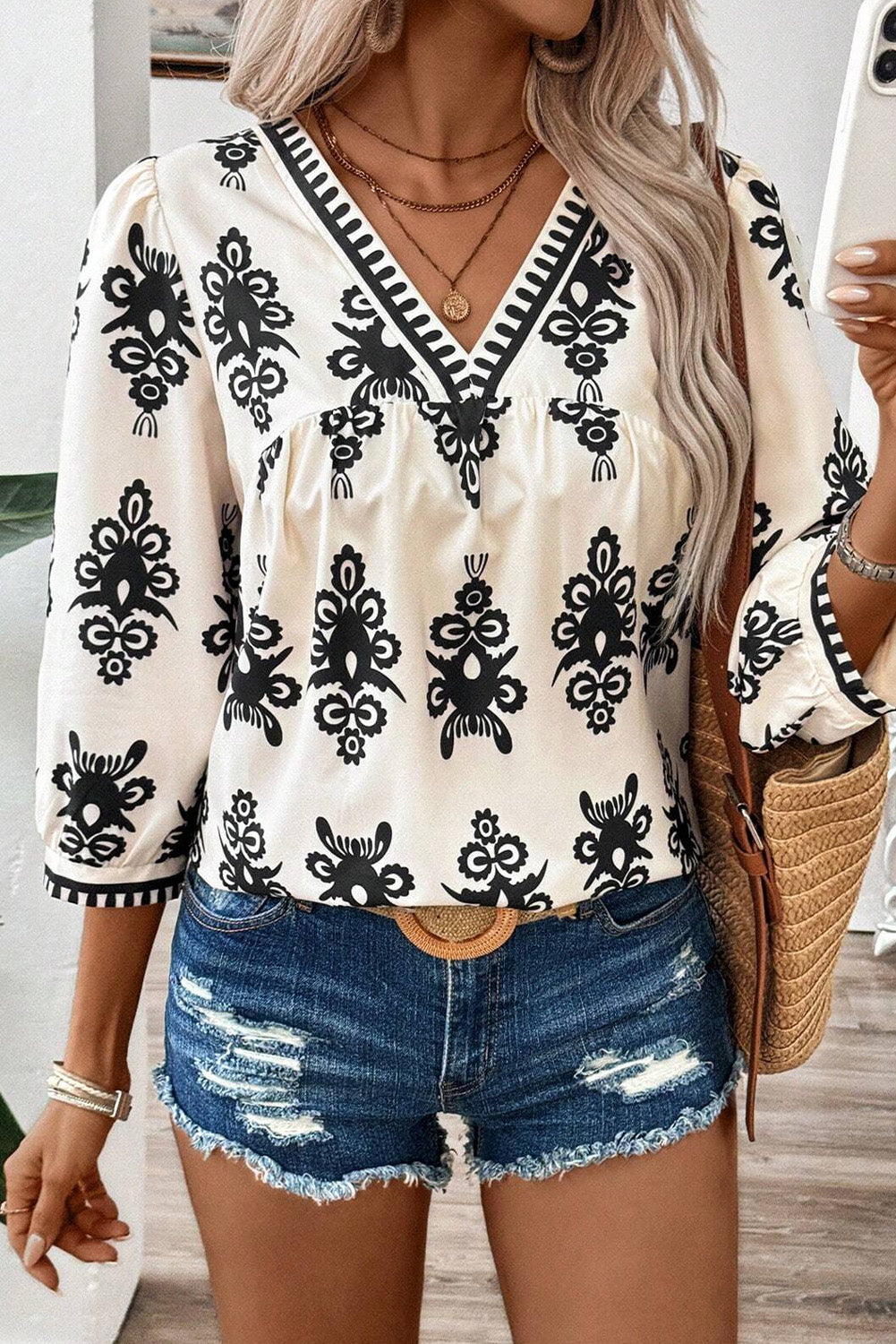 Vintage Geometric Printed 3/4 Sleeve V Neck Blouse