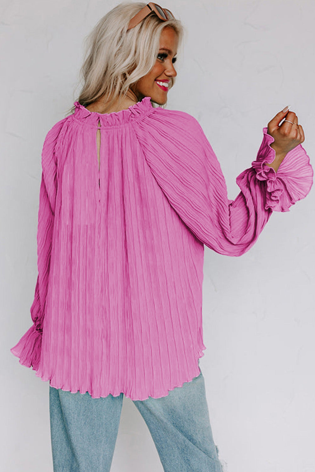 Striking Pleated Flared Cuff Long Sleeve Blouse