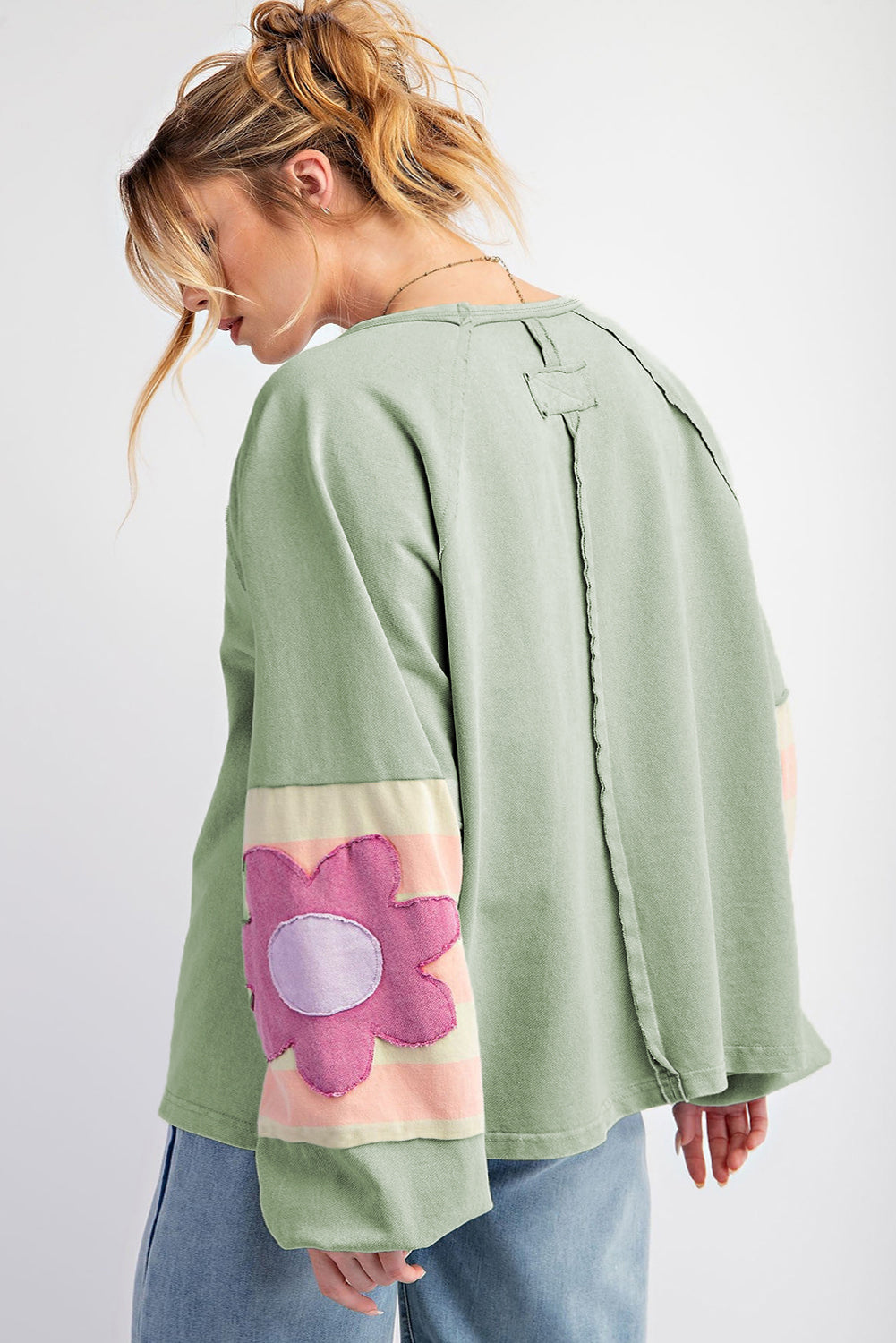 Flower Patchwork Raglan Sleeve Exposed Seam Oversized Top