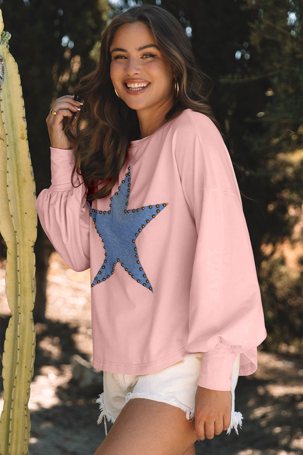 Studded Star Graphic Oversized Long Sleeve Top