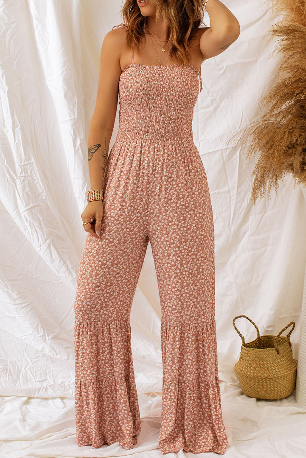 Thin Straps Smocked Bodice Wide Leg Floral Jumpsuit