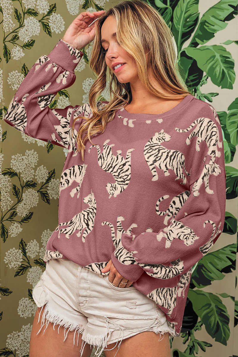 Lively Tiger Print Casual Sweatshirt