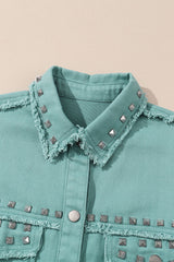 Mist Green Frayed Trim Riveted Denim Jacket