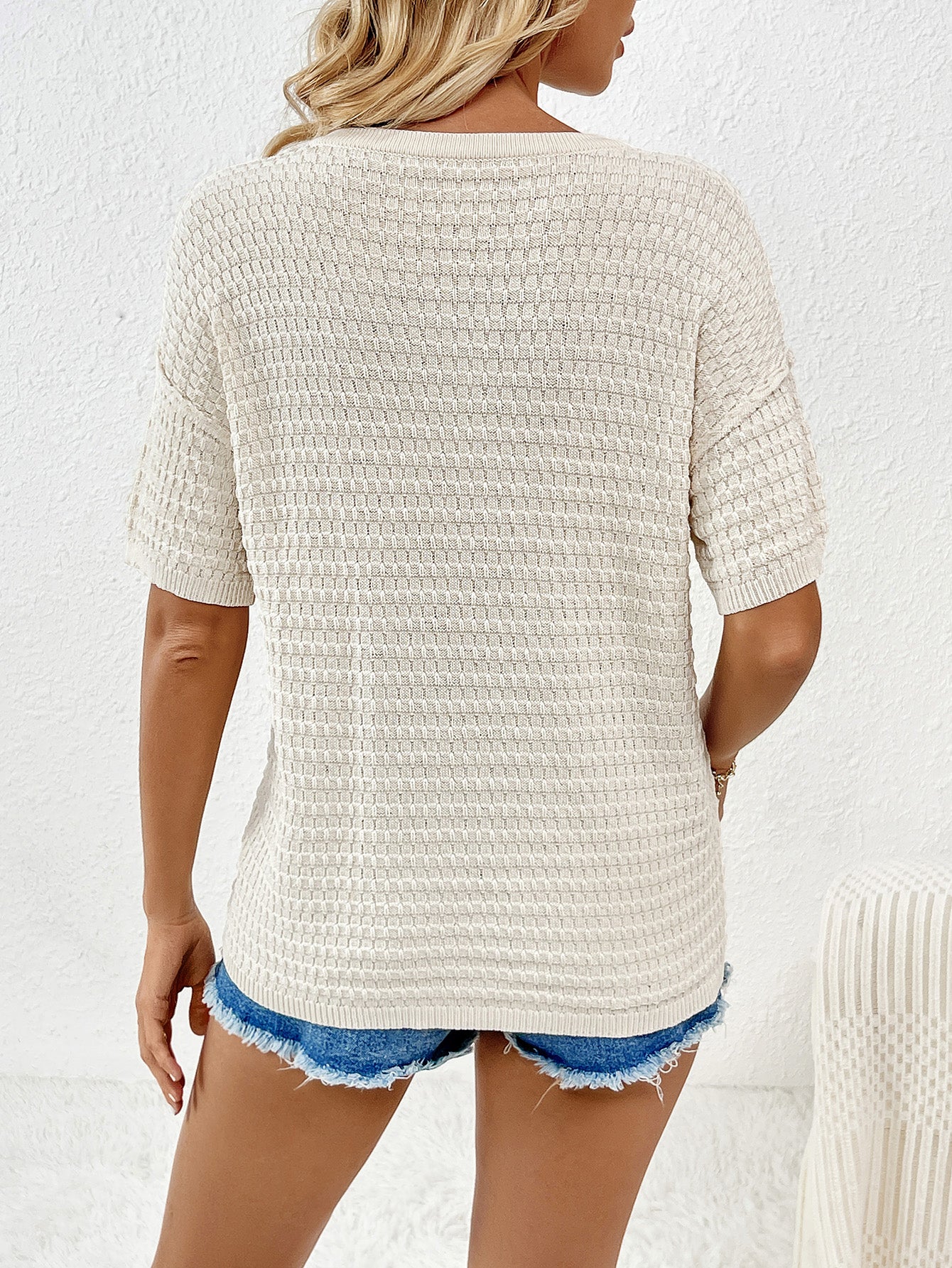 Knit Short Sleeve Round Neck Pocket Tee Tops Pullover