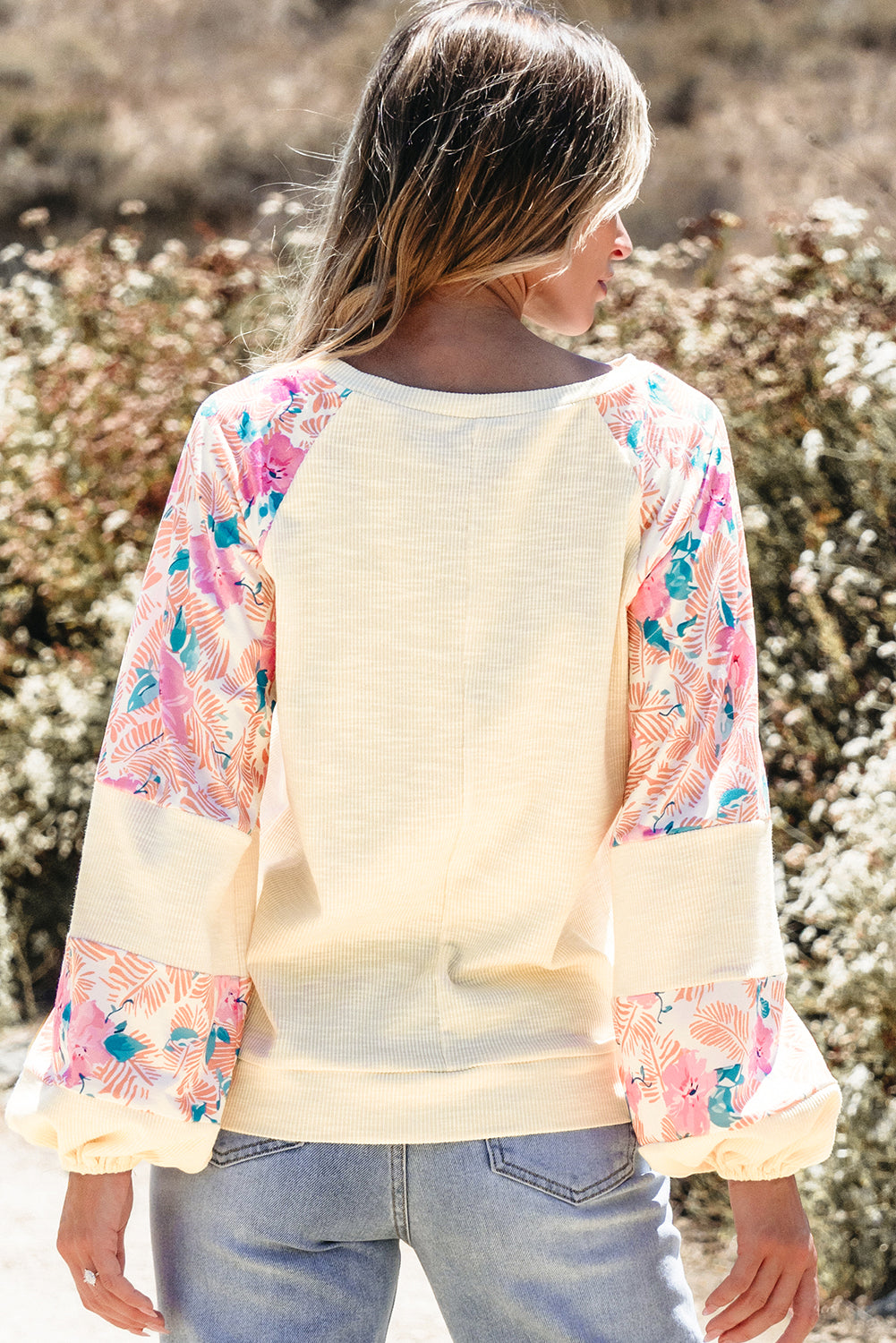 Textured Floral Patchwork Balloon Sleeve Blouse