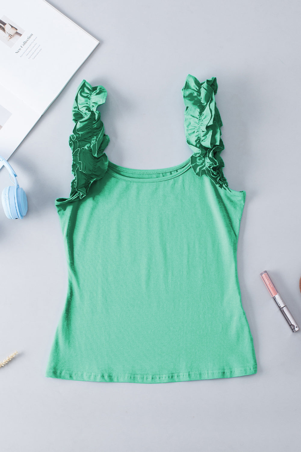 Solid Color Ruffled Wide Straps Slim Tank Top