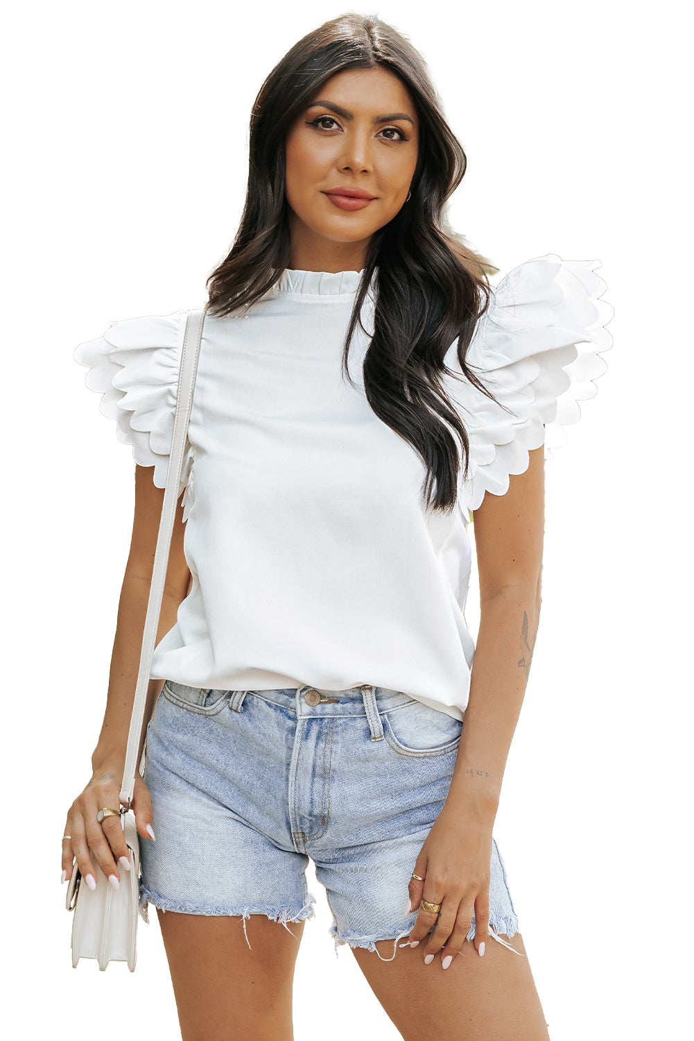 Women's Solid Color Scalloped Ruffle Sleeve Top