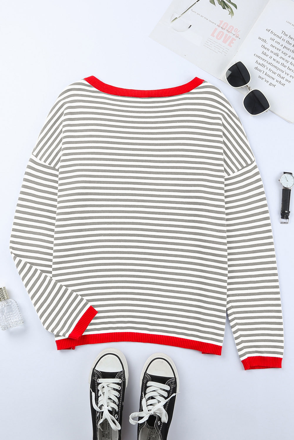 Contrast Trimmed Striped Drop Shoulder Sweater