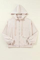 Corduroy Drawstring Hooded Pocket Zip Up Jacket