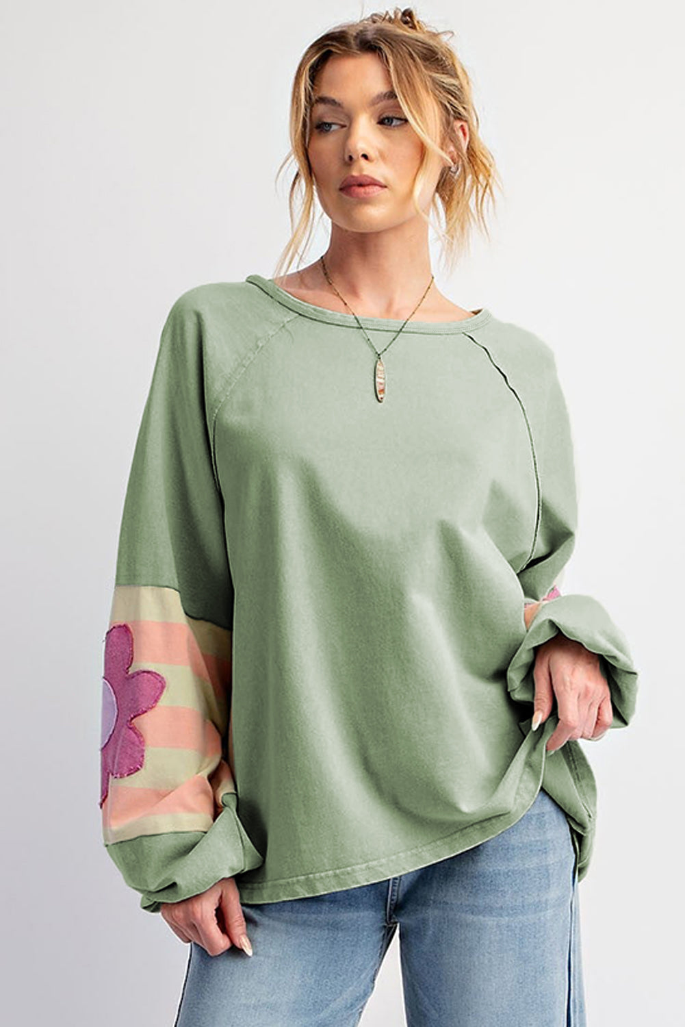 Flower Patchwork Raglan Sleeve Exposed Seam Oversized Top