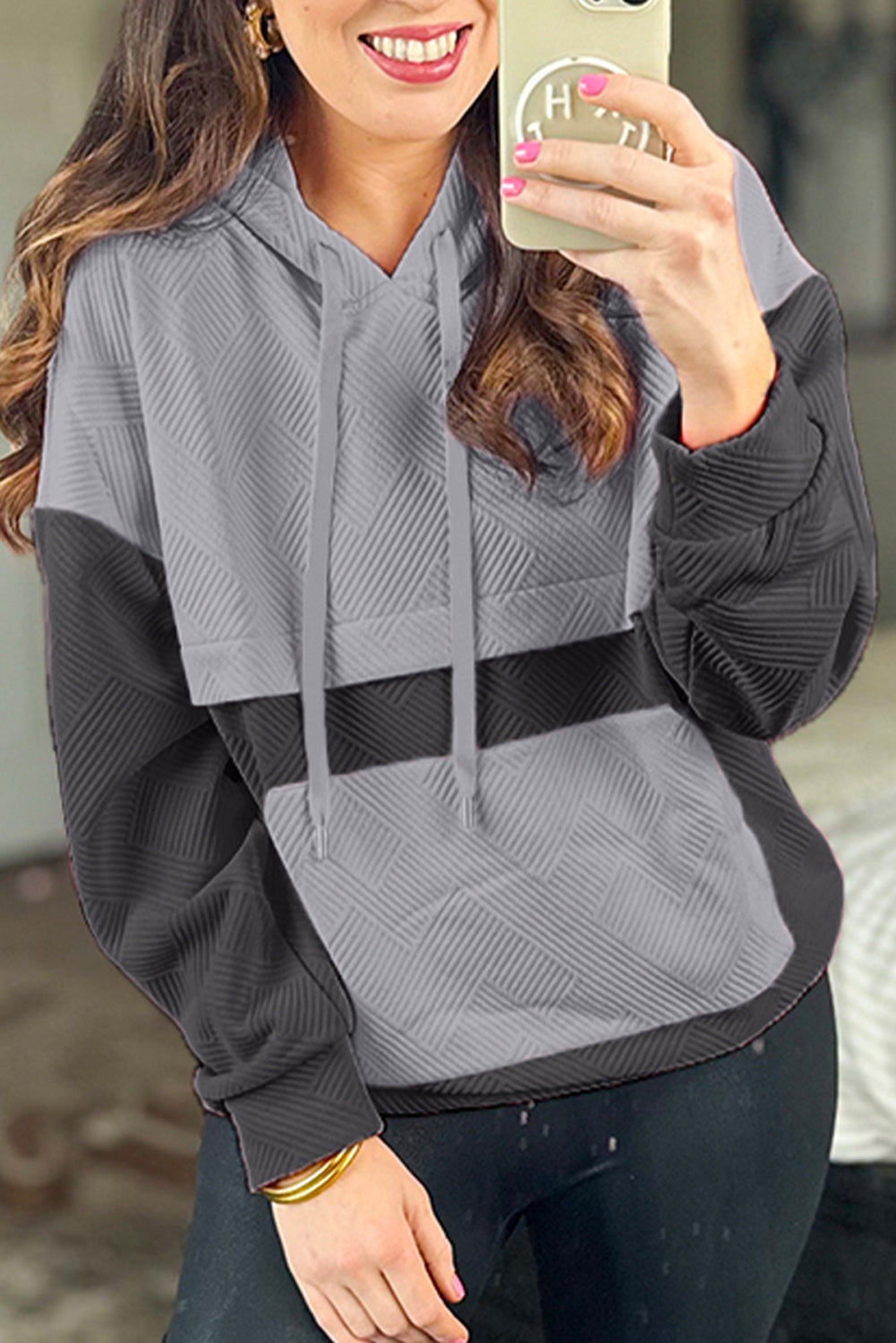 Textured Color Block Kangaroo Pocket Drop Shoulder Hoodie