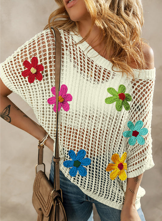 Crochet Flower Hollow-out Sweater T Shirt