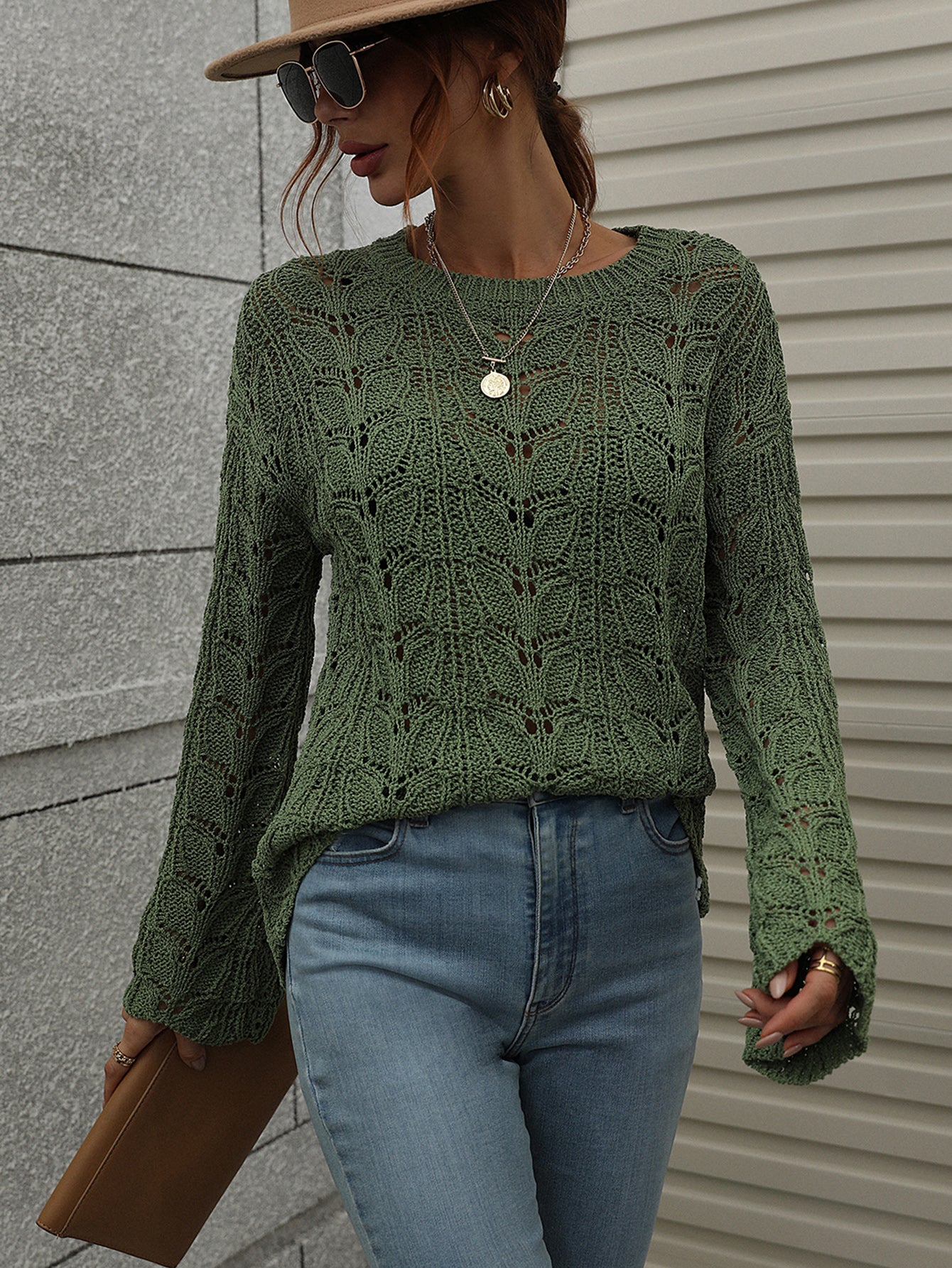 Knit Solid Color Hook Hollow Pullover Round Neck Sweater